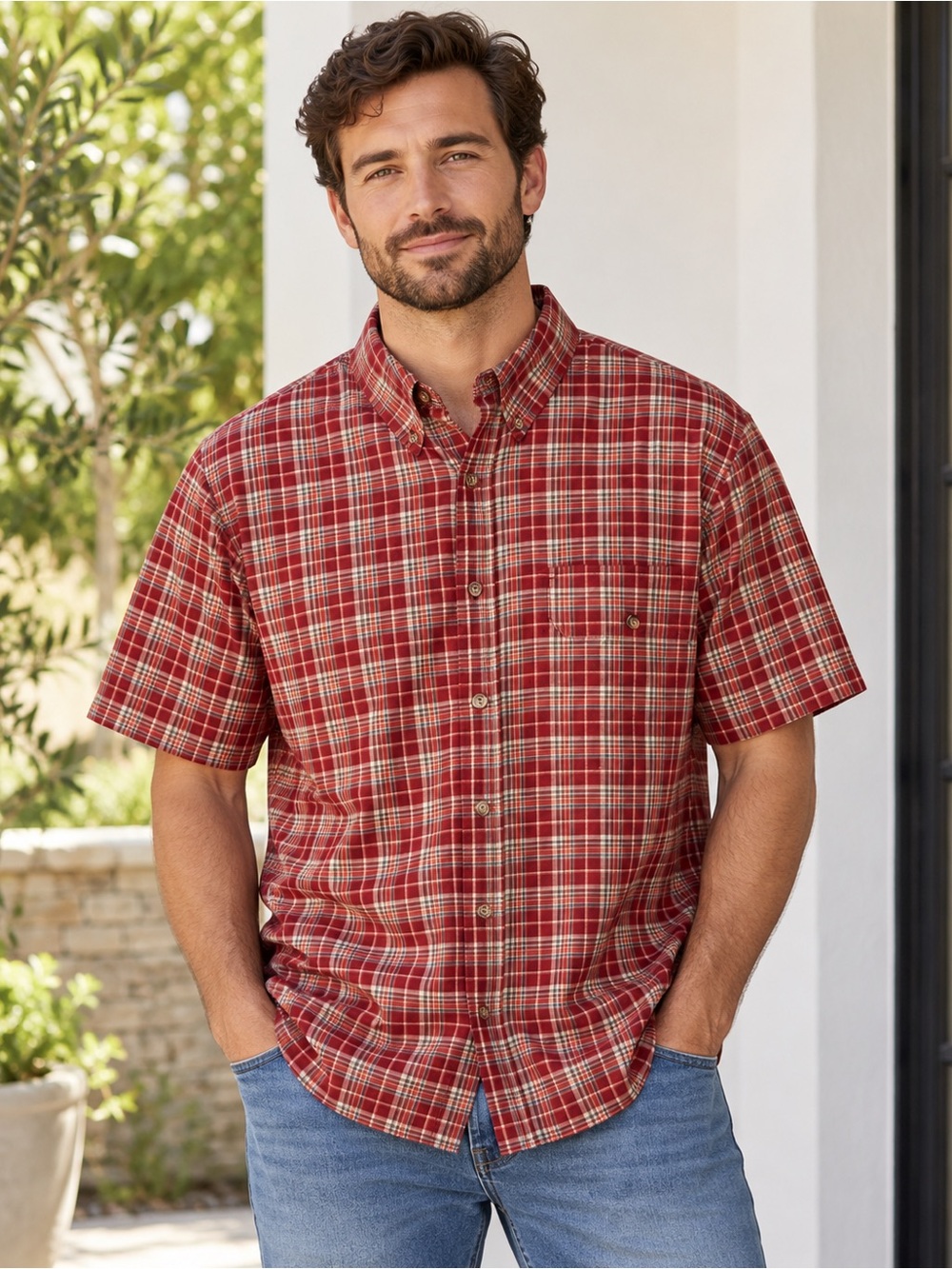 Tilley Endurables Red Plaid Short-Sleeve Button-Down Shirt Size L Outdoor